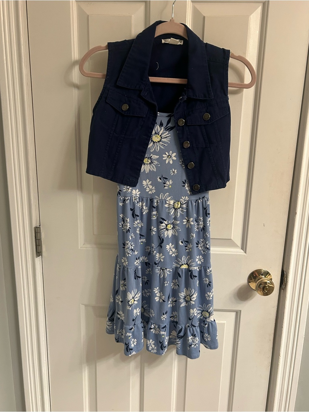 Girls Knitworks Navy Vest with Blue Floral Dress